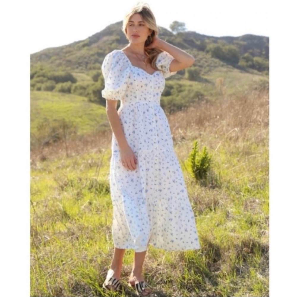 Rahi Midi Dress white with blue flowers only worn once!